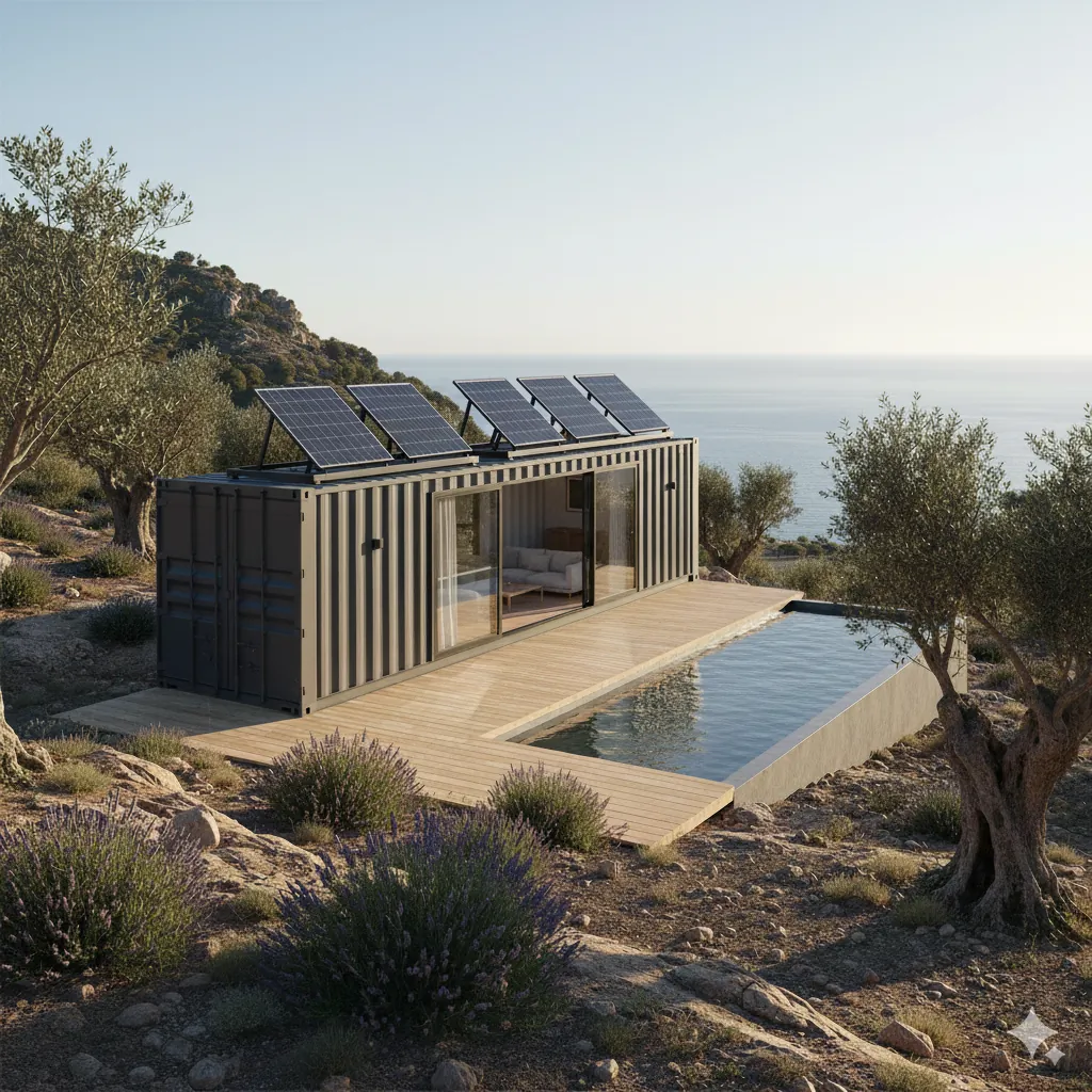 Container home with solar panels on roof
